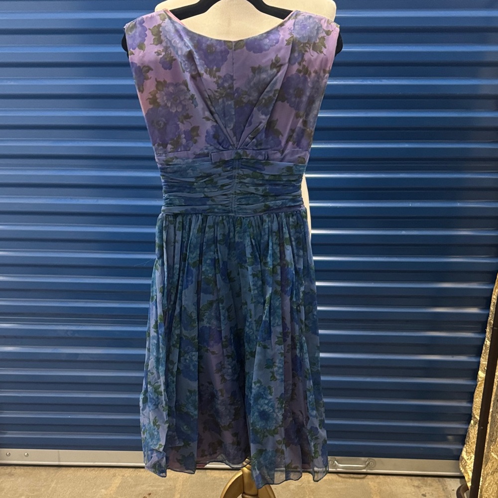 Vintage 50s Floral Lavender & Blue Chiffon Midi Dress